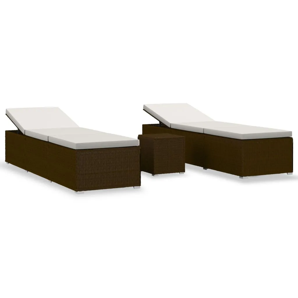 3 Piece Garden Sun Loungers with Tea Table Poly Rattan Brown