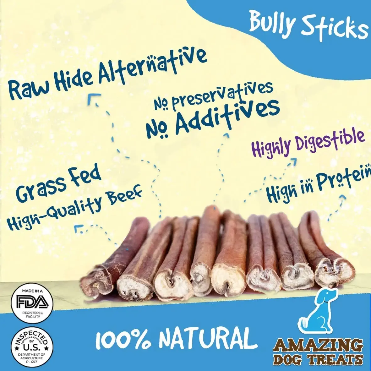 Amazing Dog Treats - 6" Regular Bully Sticks - Rawhide Alternative Dog Chew