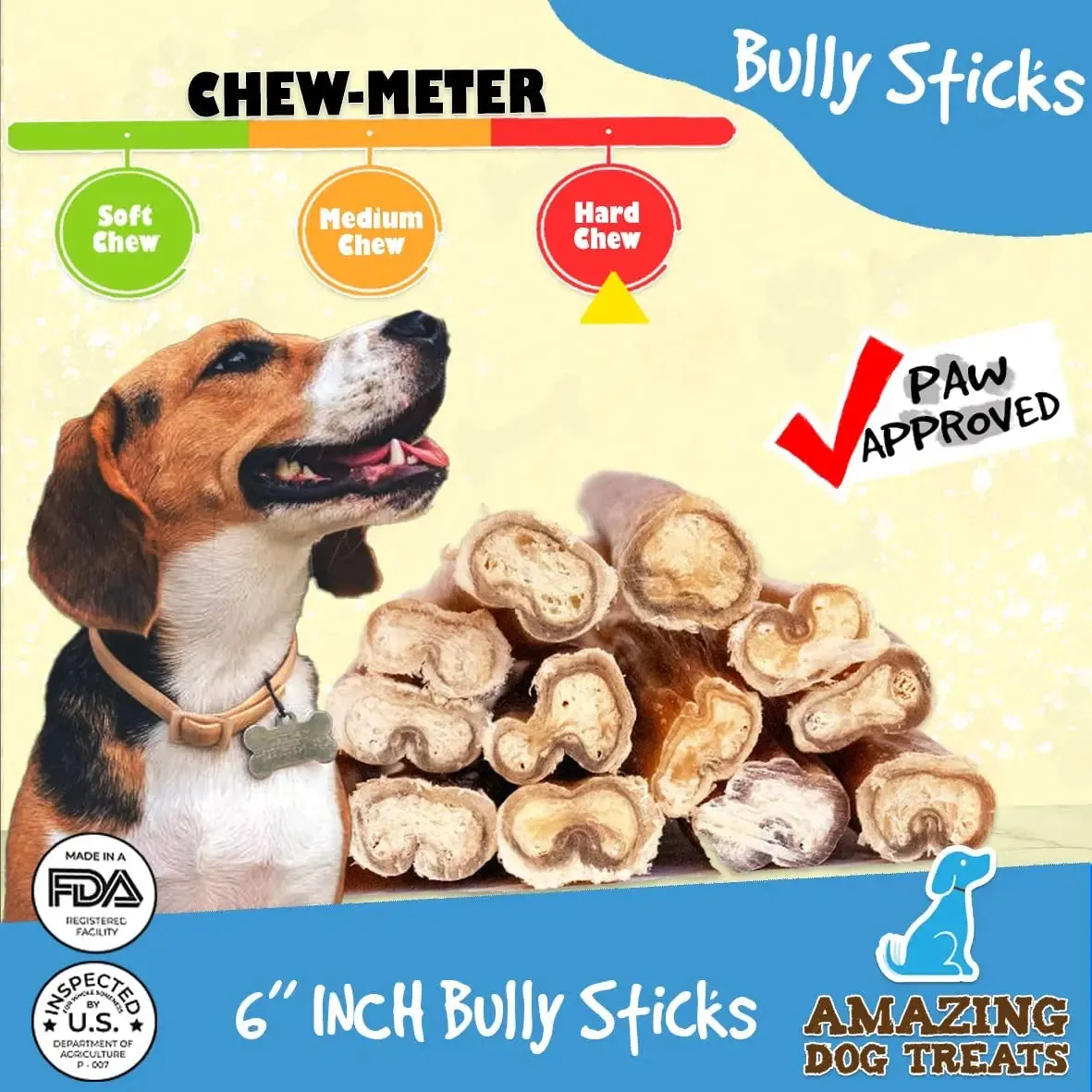 Amazing Dog Treats - 6" Regular Bully Sticks - Rawhide Alternative Dog Chew