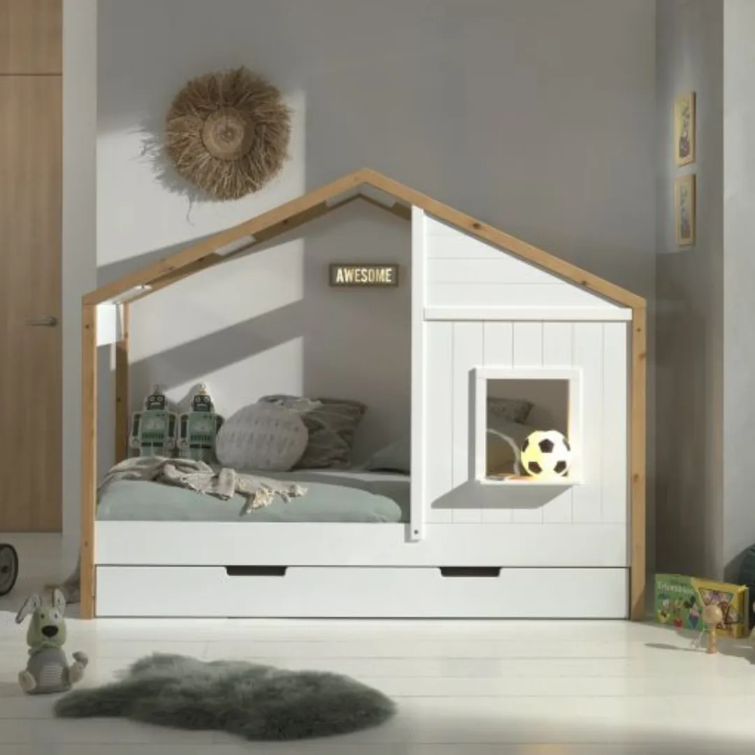 BABS 91 House Bed in White & Natural with Trundle Drawer