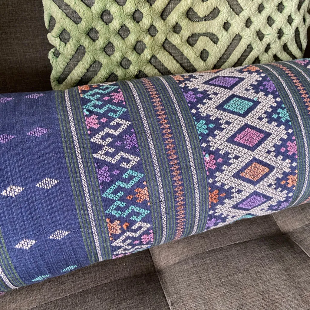Blue Pastel Vintage Textile Lumbar Pillow