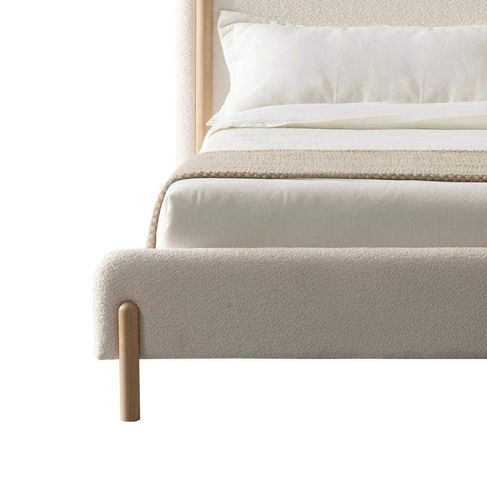 Cid Ellie Queen Size Bed, Ivory Polyester Upholstery, Solid Rubberwood By Casagear Home
