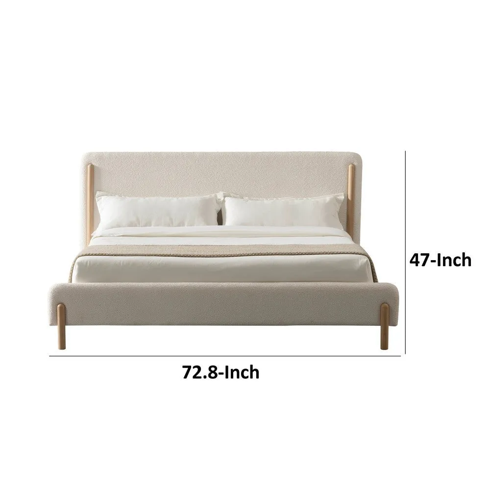 Cid Ellie Queen Size Bed, Ivory Polyester Upholstery, Solid Rubberwood By Casagear Home