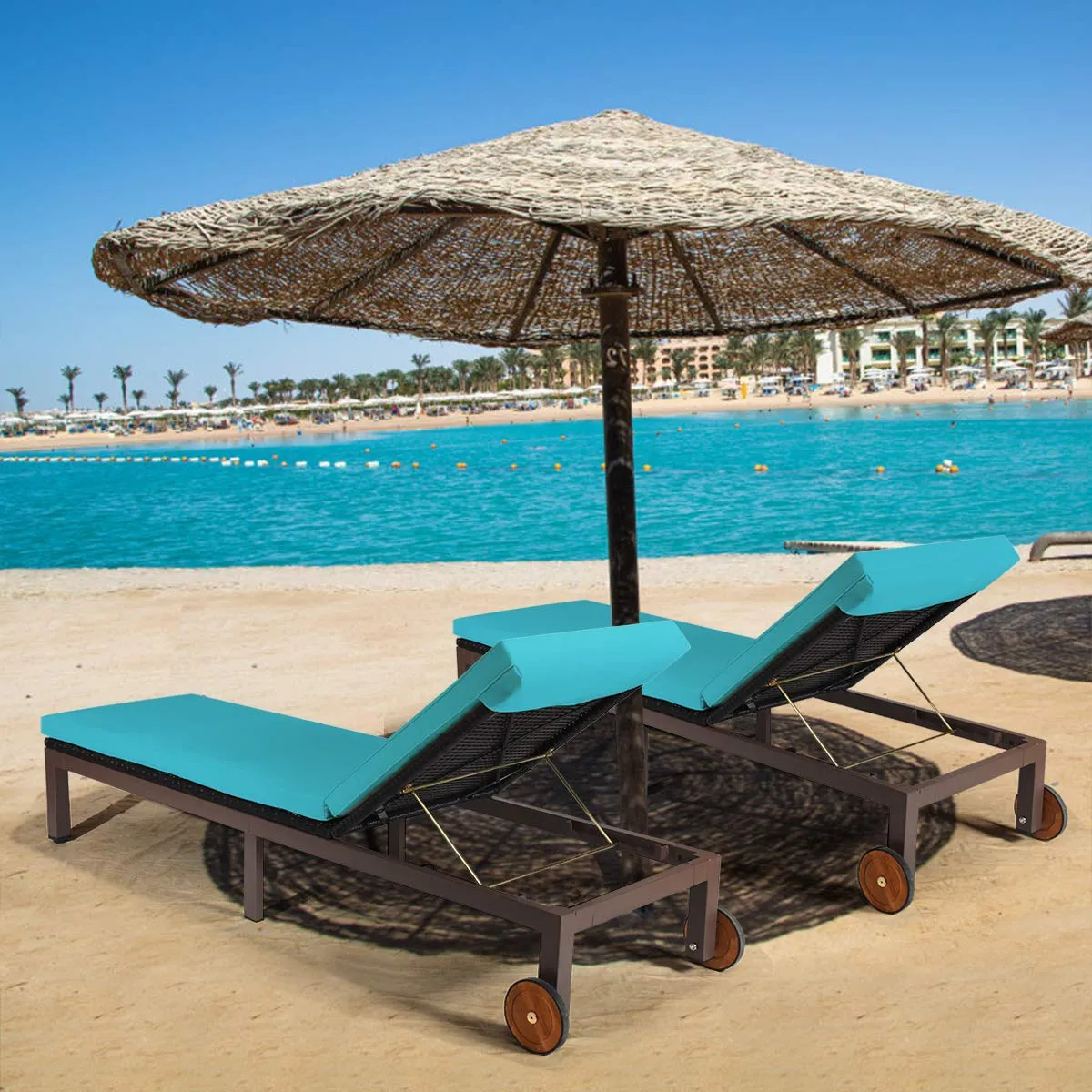 Tangkula Patio Chaise Lounge Chair, Outdoor Rattan Lounger Recliner Chair with Wheels
