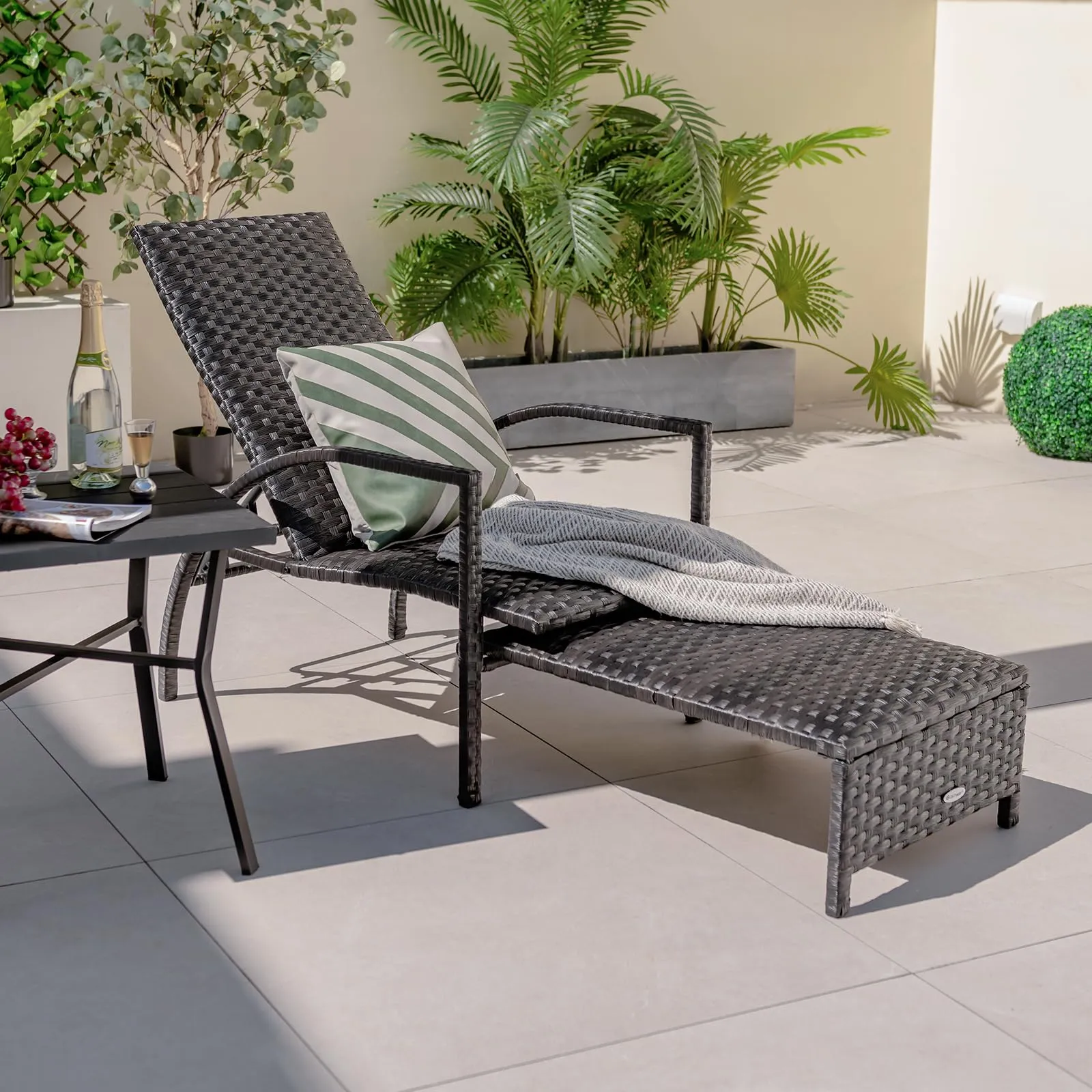 Tangkula Patio Chaise Lounge, Outdoor Rattan Lounge Chair with Retractable Ottoman