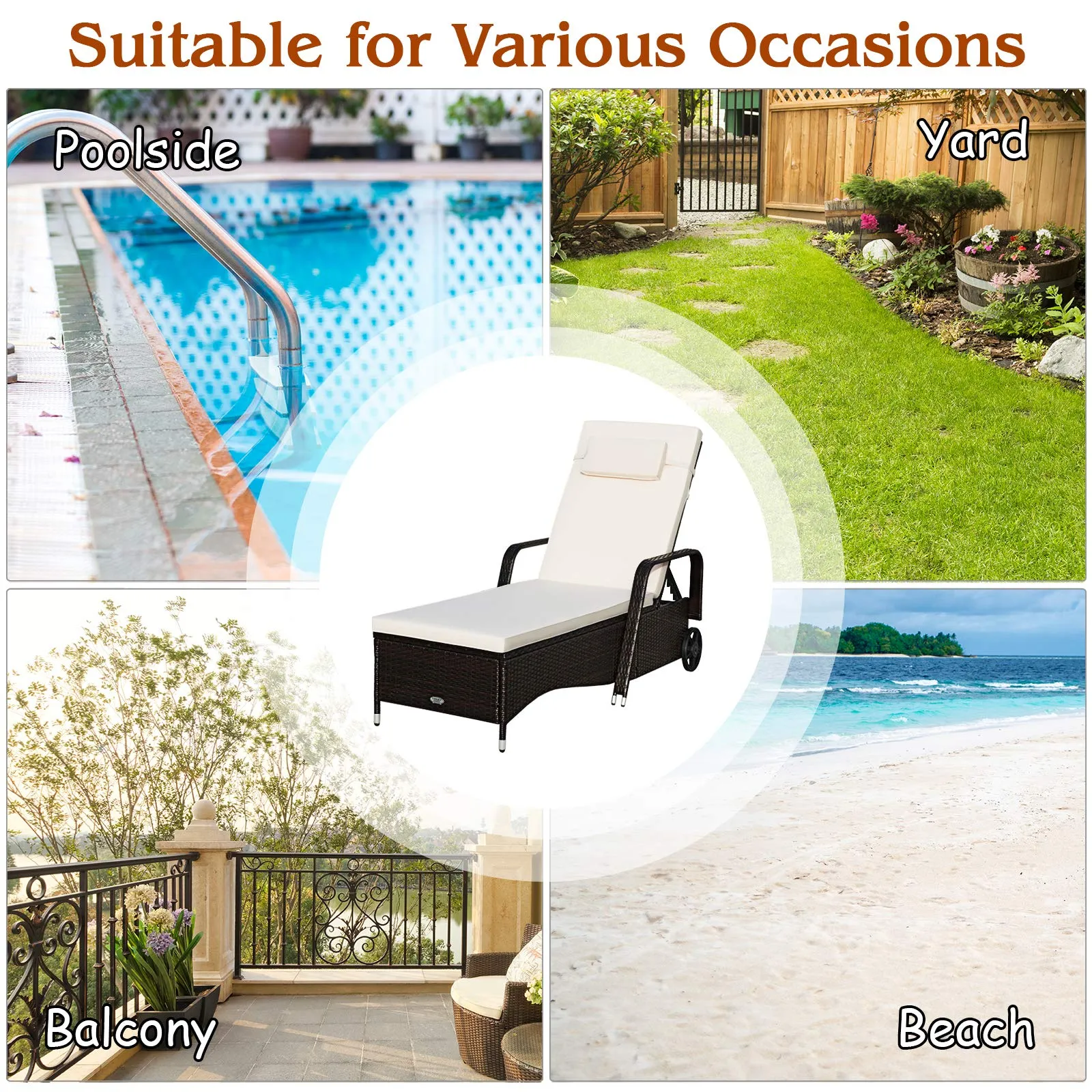 Tangkula Patio Chaise with Wheels, 6 Positions Adjustable Outdoor Lounger Chair with Steel Frame