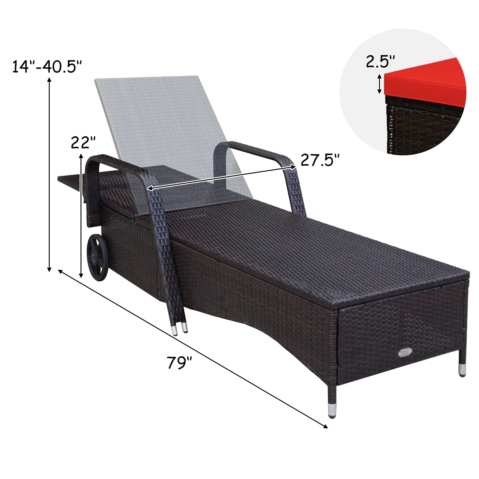 Tangkula Patio Chaise with Wheels, 6 Positions Adjustable Outdoor Lounger Chair with Steel Frame