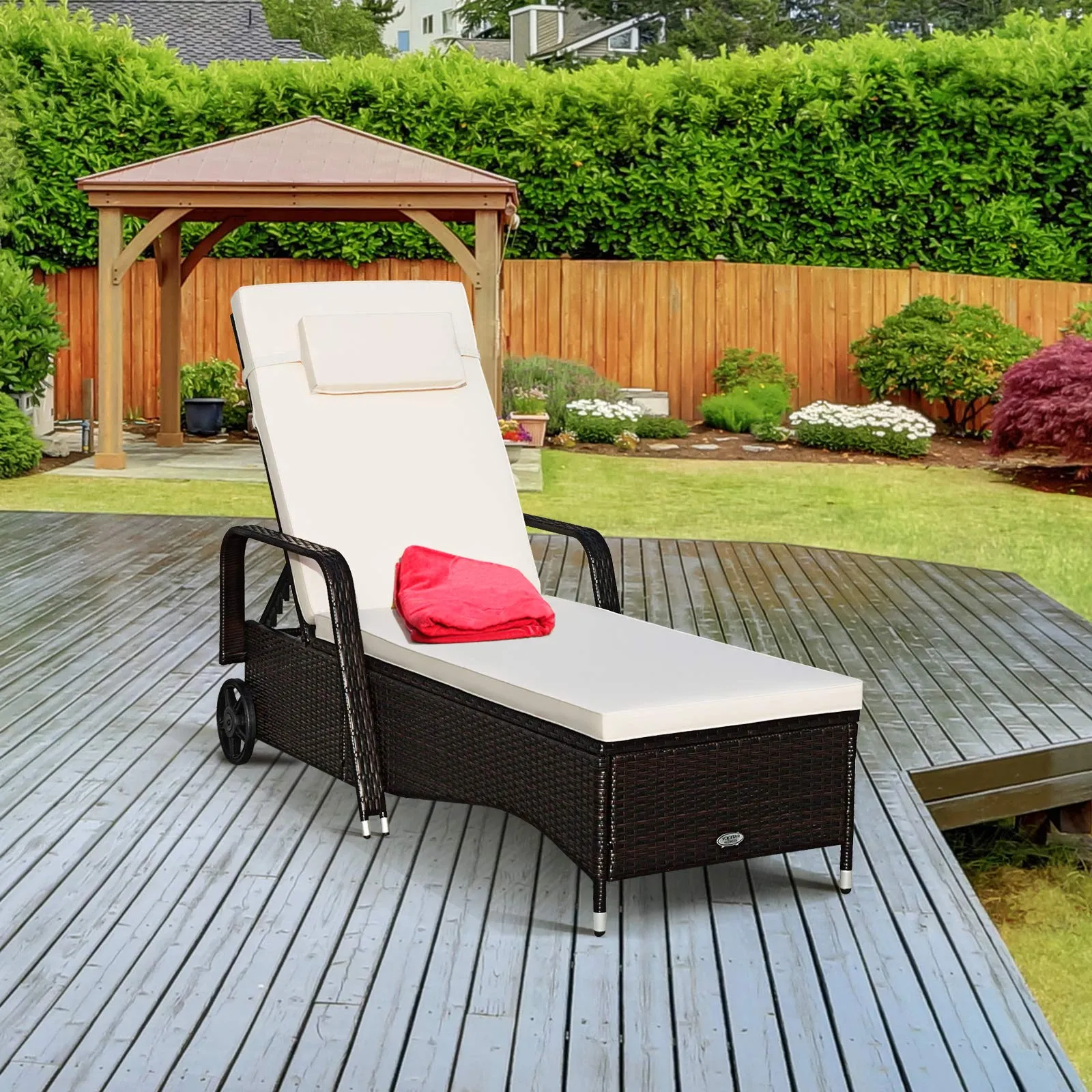 Tangkula Patio Chaise with Wheels, 6 Positions Adjustable Outdoor Lounger Chair with Steel Frame