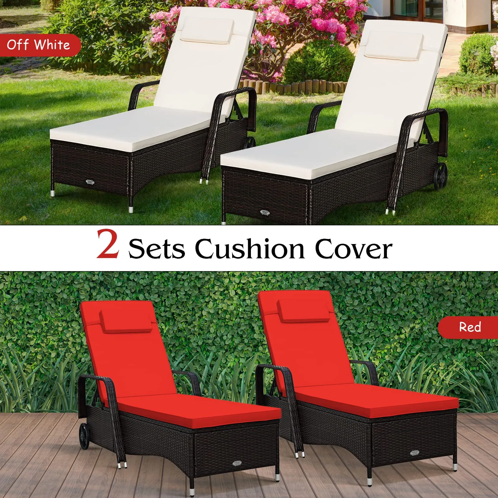 Tangkula Patio Chaise with Wheels, 6 Positions Adjustable Outdoor Lounger Chair with Steel Frame