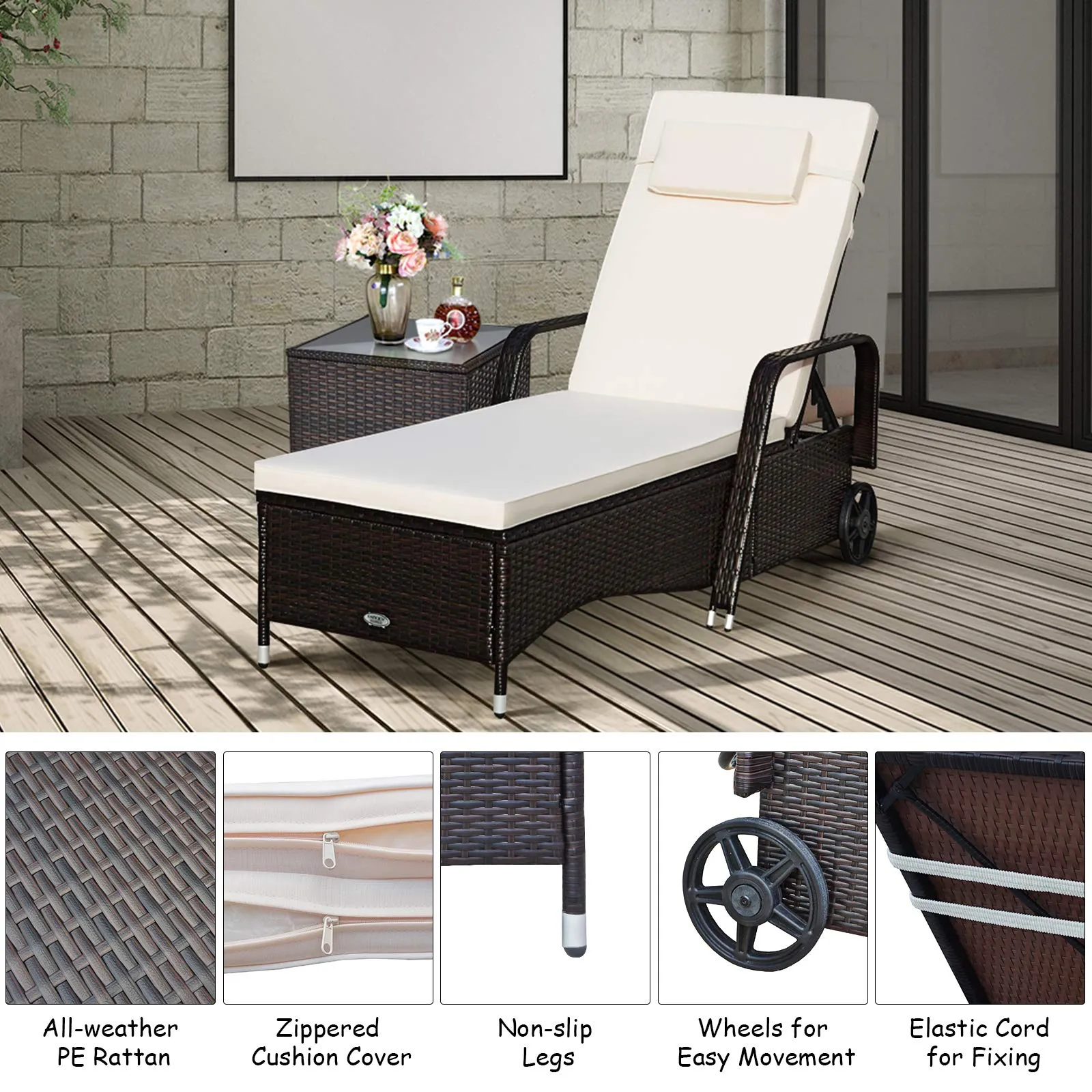 Tangkula Patio Chaise with Wheels, 6 Positions Adjustable Outdoor Lounger Chair with Steel Frame