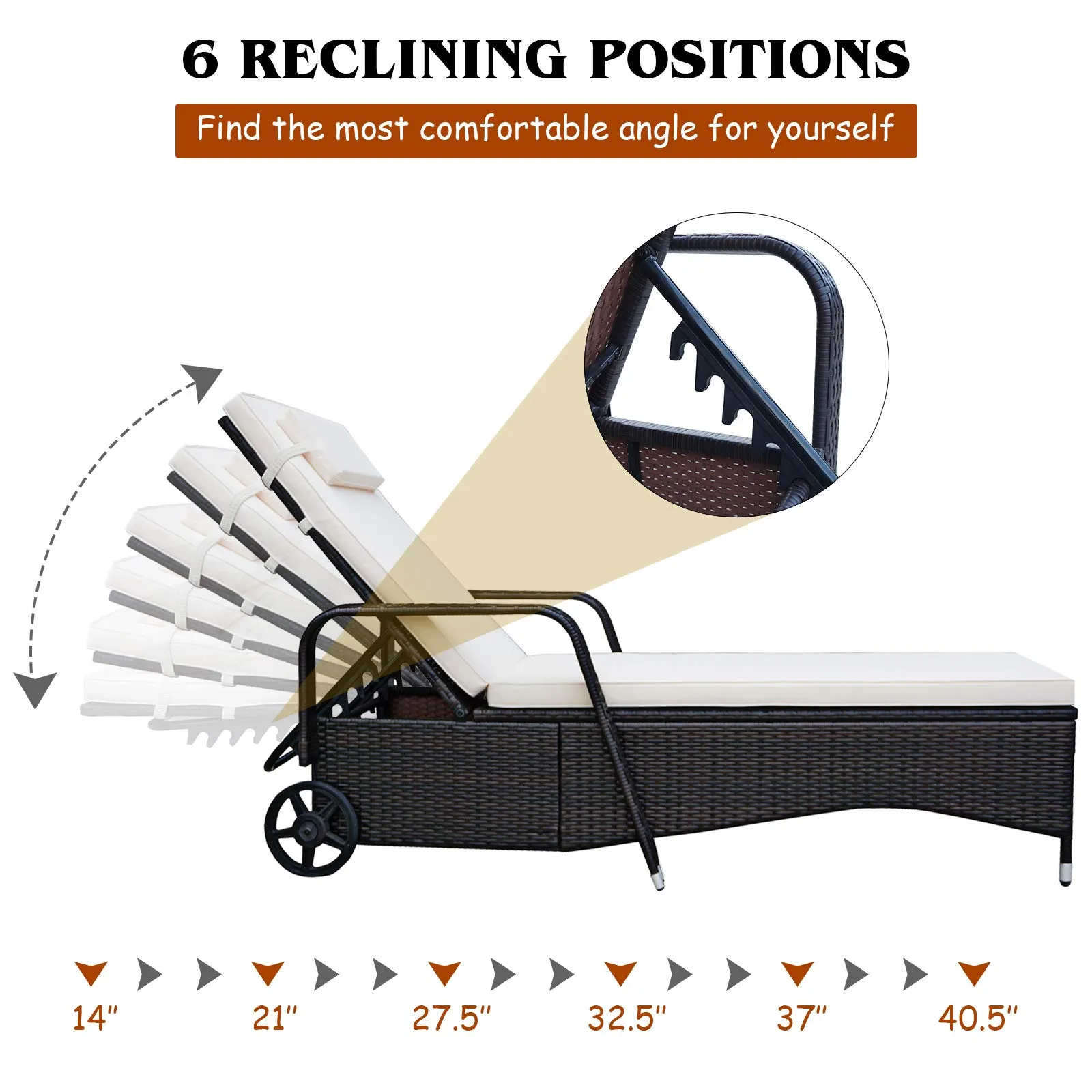 Tangkula Patio Chaise with Wheels, 6 Positions Adjustable Outdoor Lounger Chair with Steel Frame