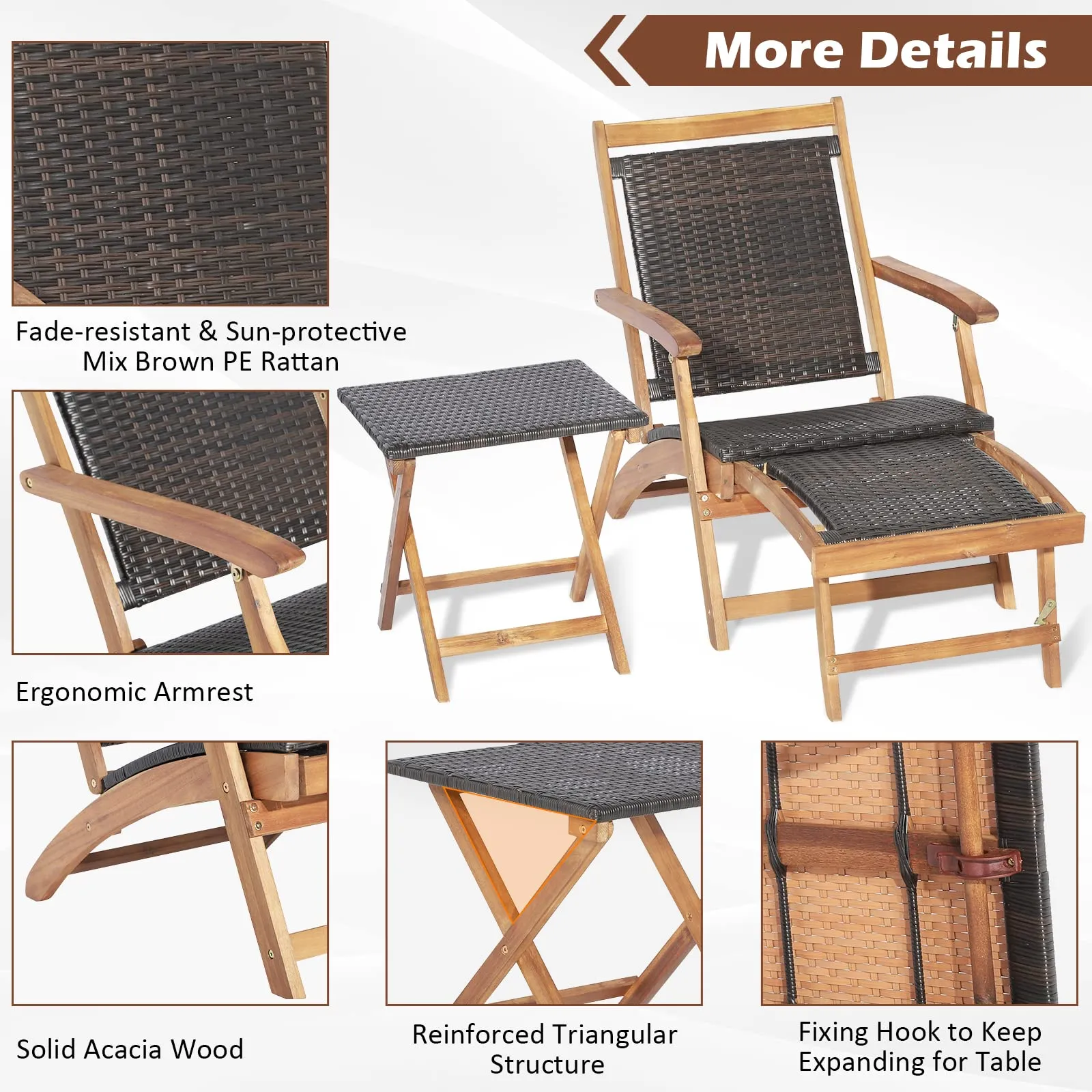 Tangkula Patio Lounge Chair and Side Table Set, Acacia Wood Wicker Folding Table and Armrest Chair with Retractable Ottoman