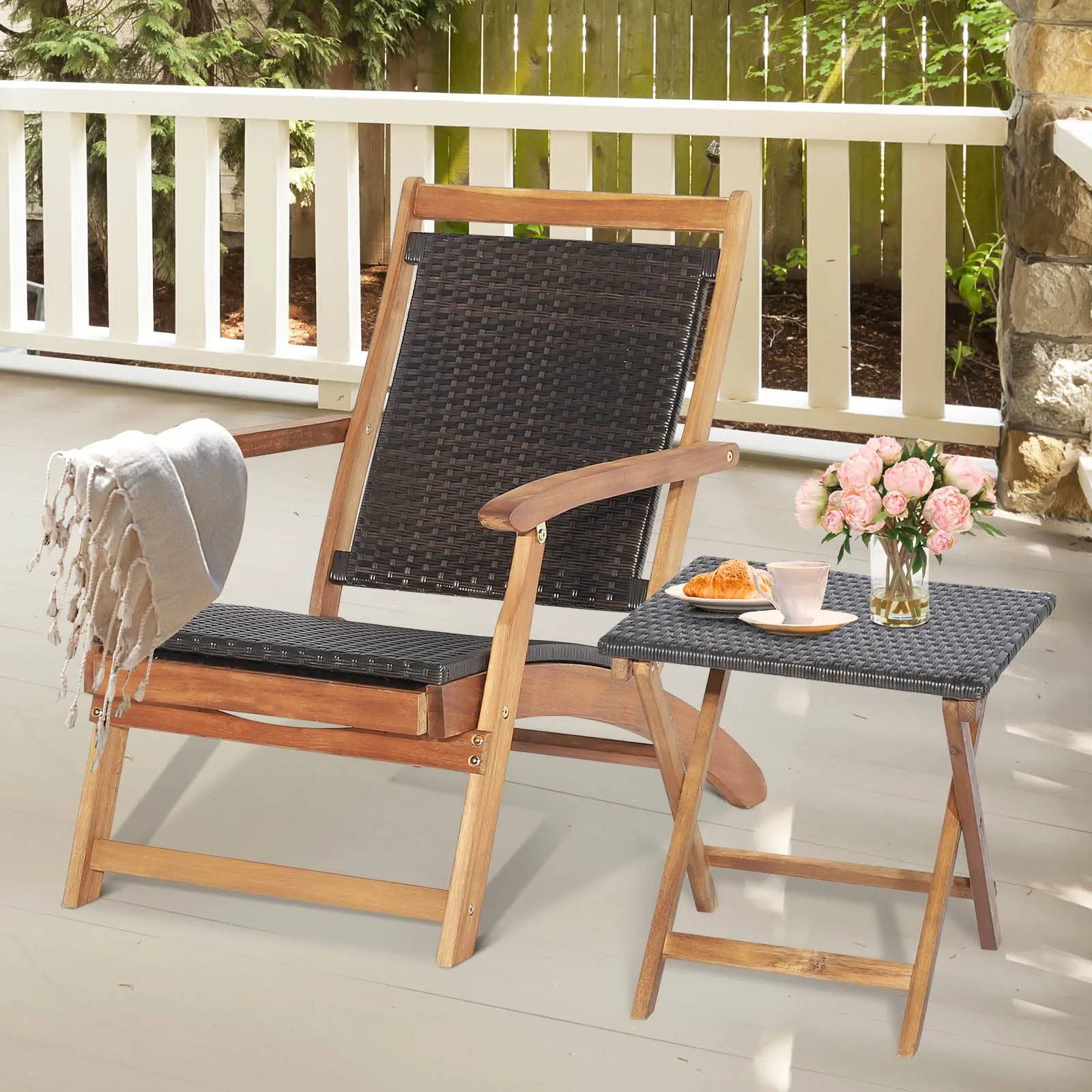 Tangkula Patio Lounge Chair and Side Table Set, Acacia Wood Wicker Folding Table and Armrest Chair with Retractable Ottoman