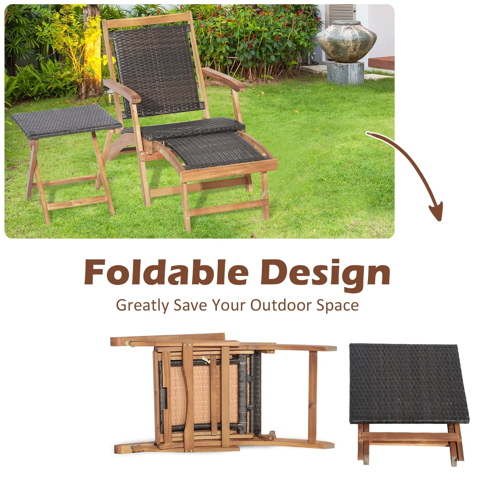 Tangkula Patio Lounge Chair and Side Table Set, Acacia Wood Wicker Folding Table and Armrest Chair with Retractable Ottoman