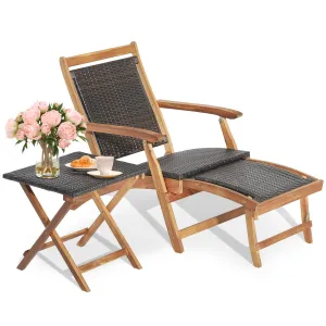 Tangkula Patio Lounge Chair and Side Table Set, Acacia Wood Wicker Folding Table and Armrest Chair with Retractable Ottoman