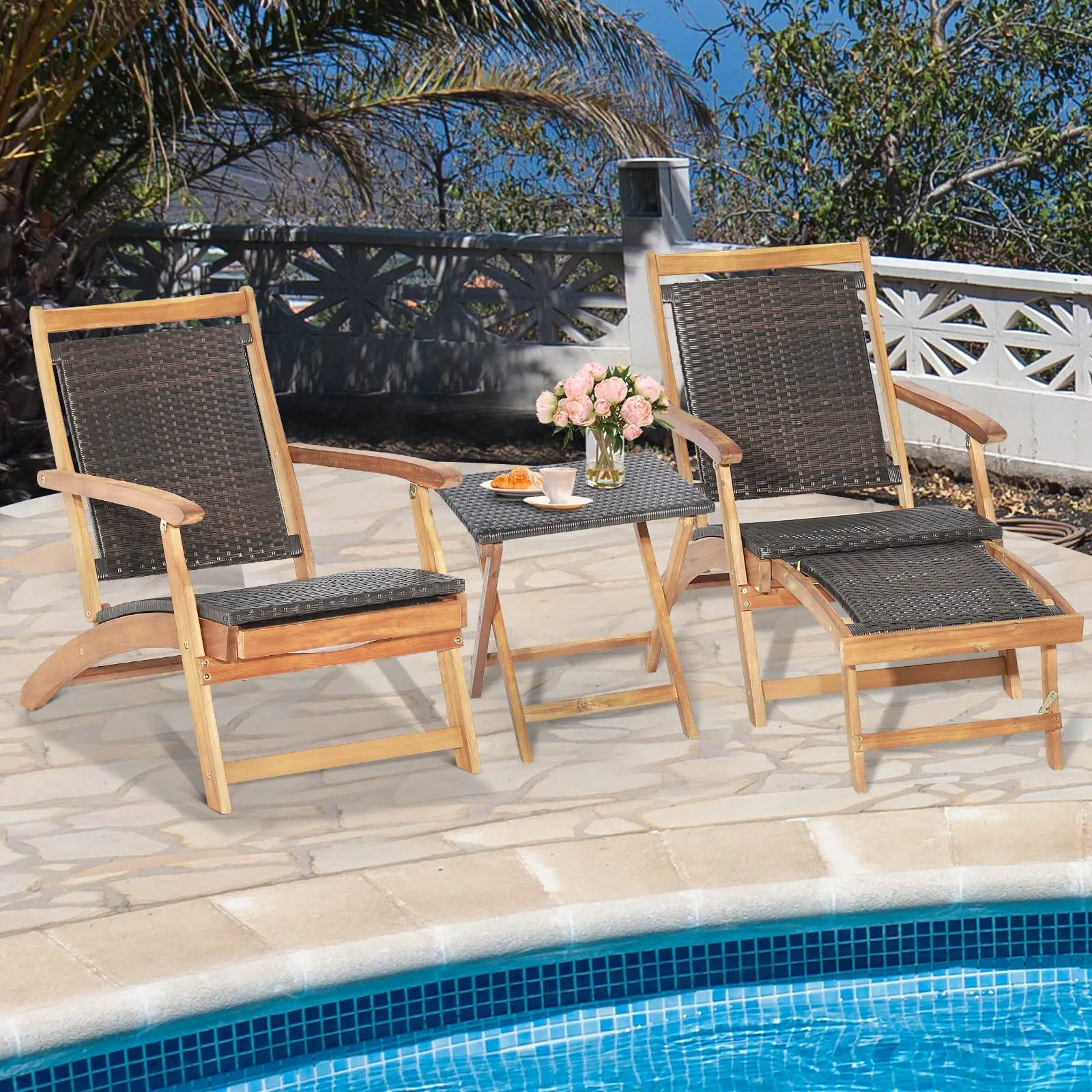 Tangkula Patio Lounge Chair and Side Table Set, Acacia Wood Wicker Folding Table and Armrest Chair with Retractable Ottoman