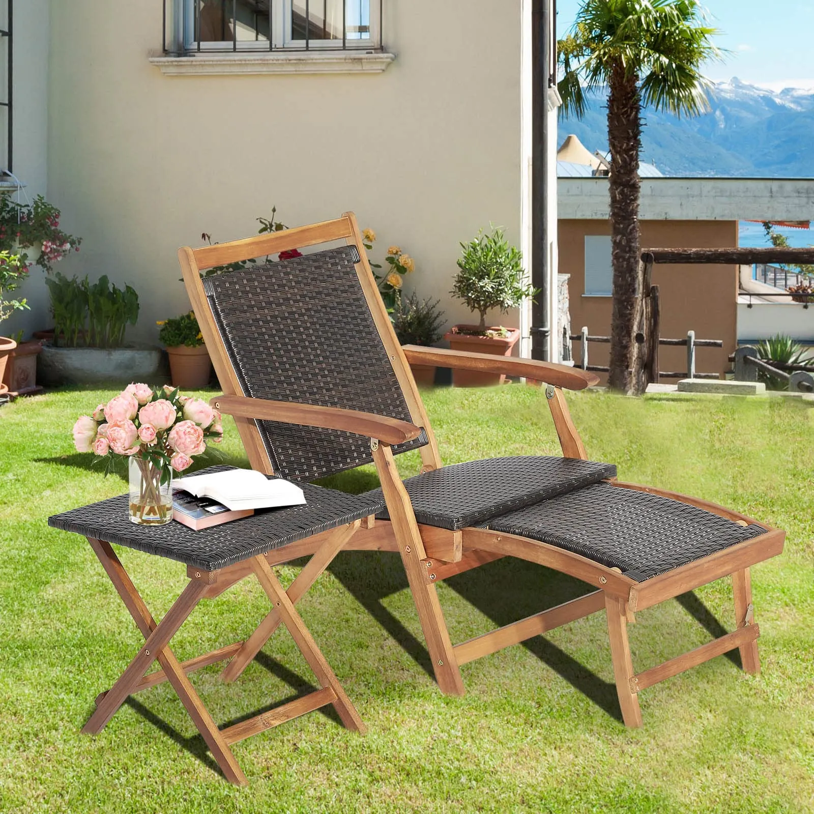 Tangkula Patio Lounge Chair and Side Table Set, Acacia Wood Wicker Folding Table and Armrest Chair with Retractable Ottoman