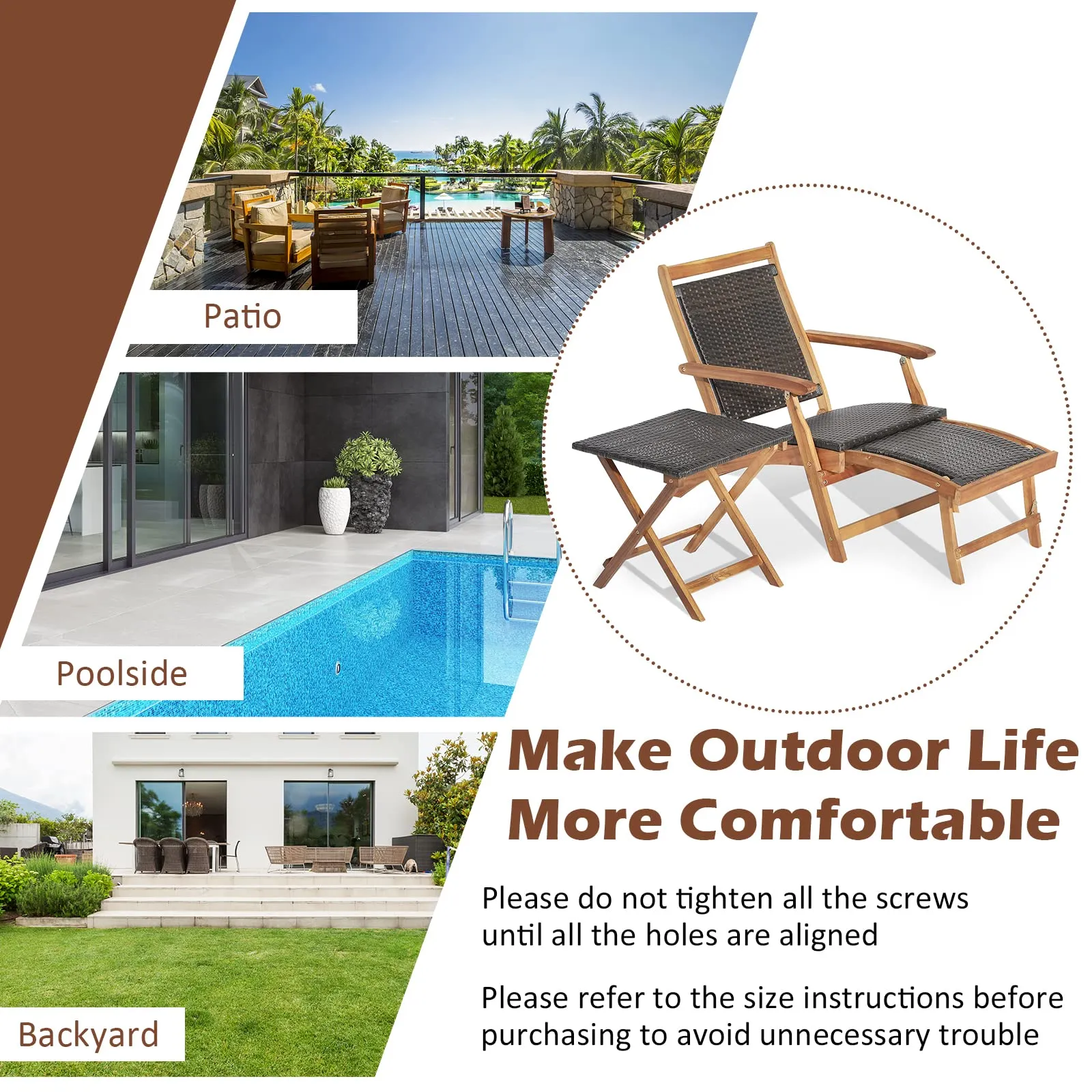 Tangkula Patio Lounge Chair and Side Table Set, Acacia Wood Wicker Folding Table and Armrest Chair with Retractable Ottoman