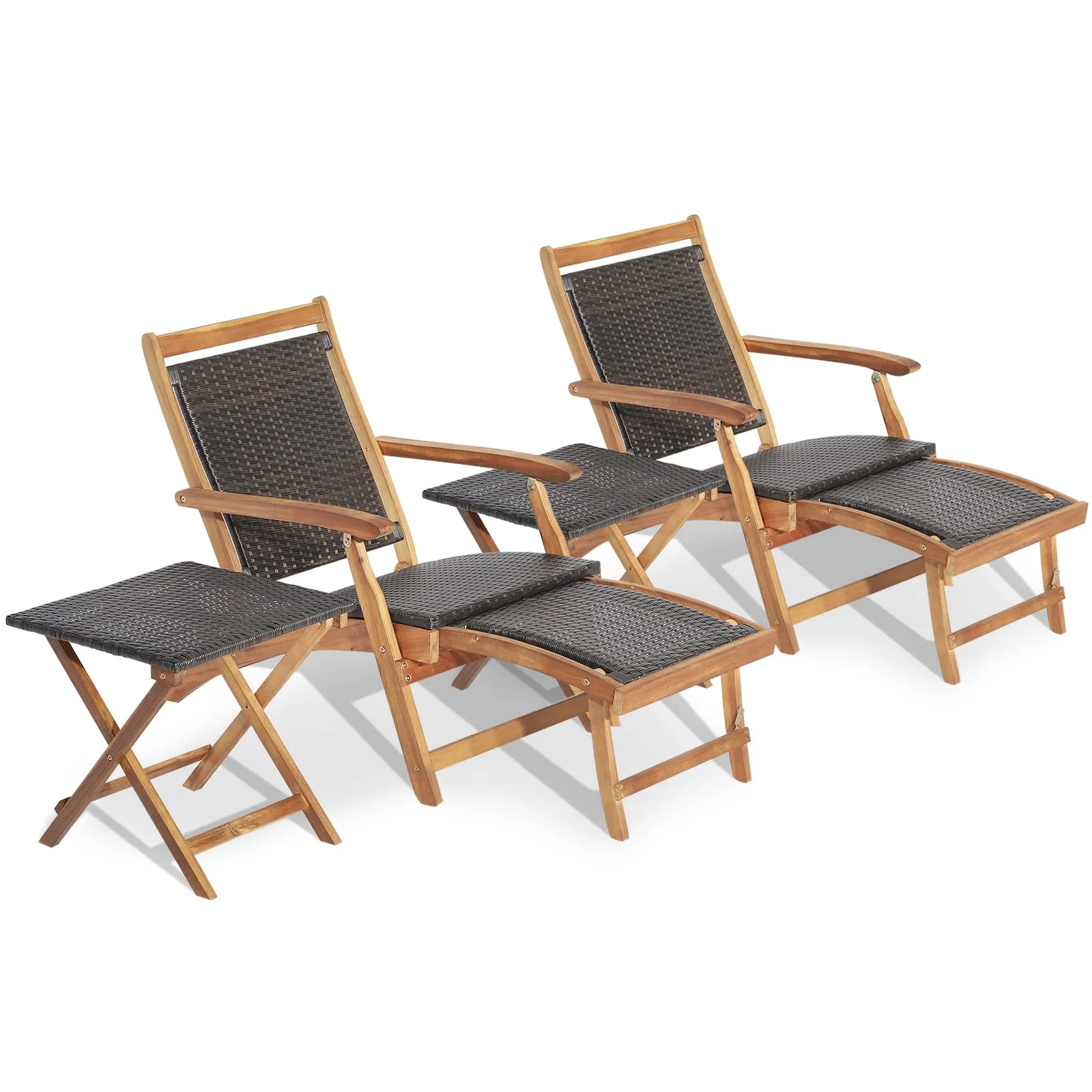 Tangkula Patio Lounge Chair and Side Table Set, Acacia Wood Wicker Folding Table and Armrest Chair with Retractable Ottoman