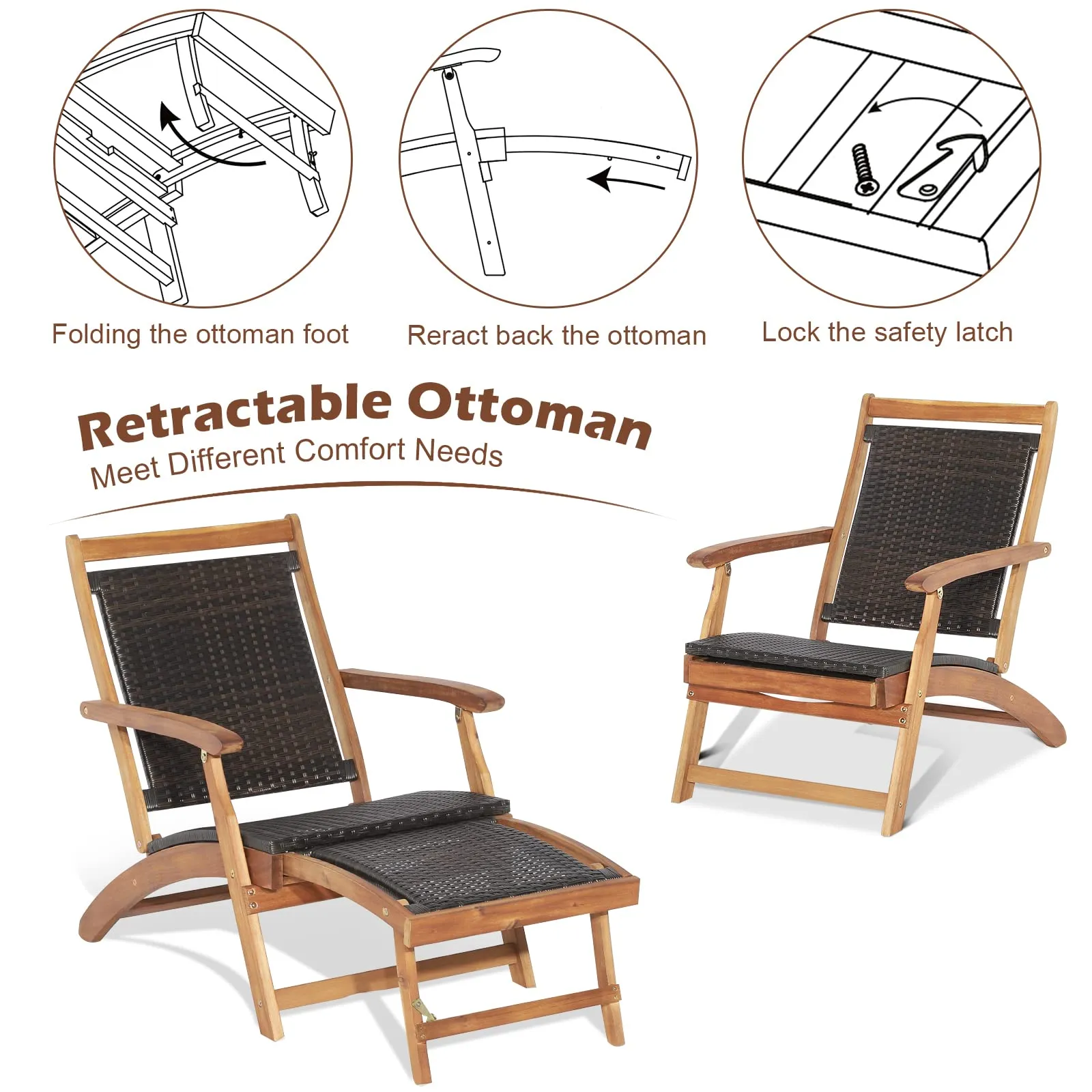 Tangkula Patio Lounge Chair and Side Table Set, Acacia Wood Wicker Folding Table and Armrest Chair with Retractable Ottoman