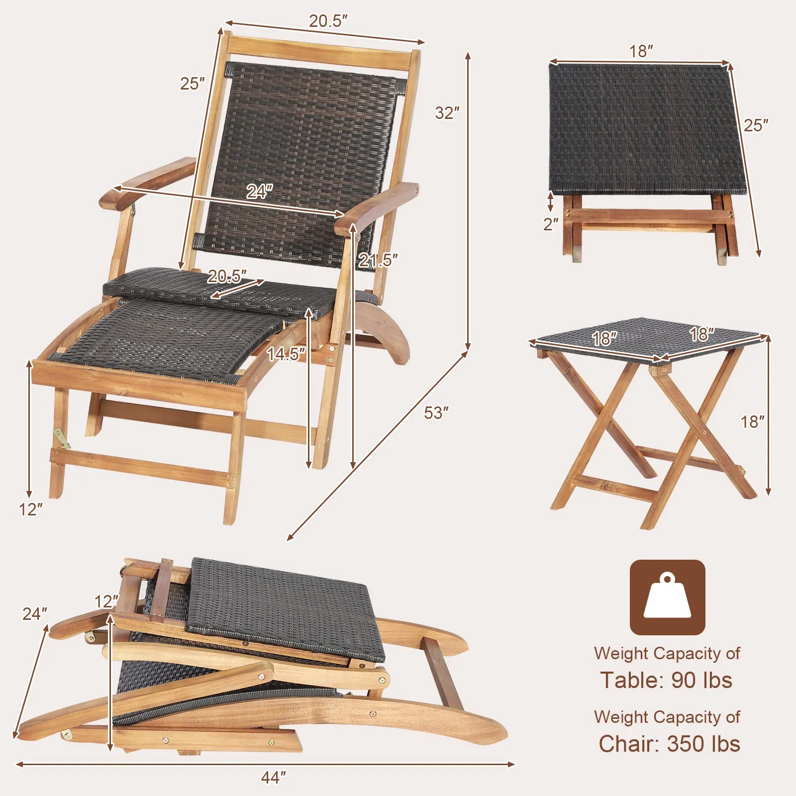 Tangkula Patio Lounge Chair and Side Table Set, Acacia Wood Wicker Folding Table and Armrest Chair with Retractable Ottoman