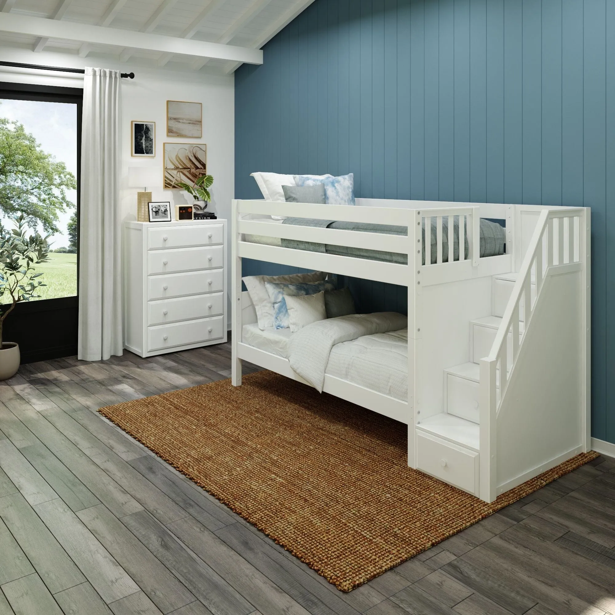 Twin Low Bunk Bed with Stairs