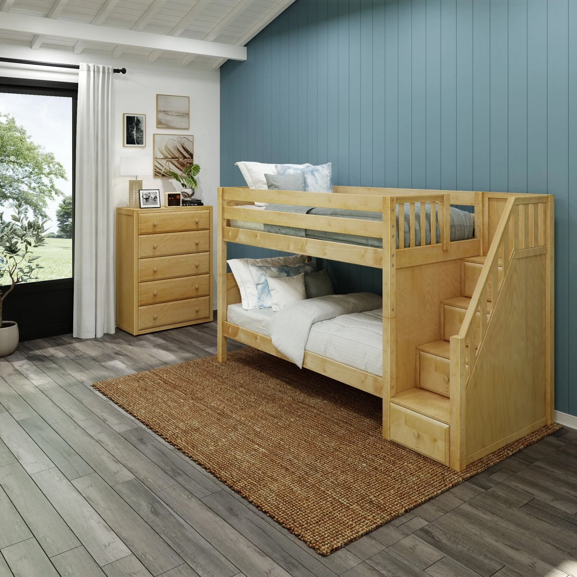 Twin Low Bunk Bed with Stairs