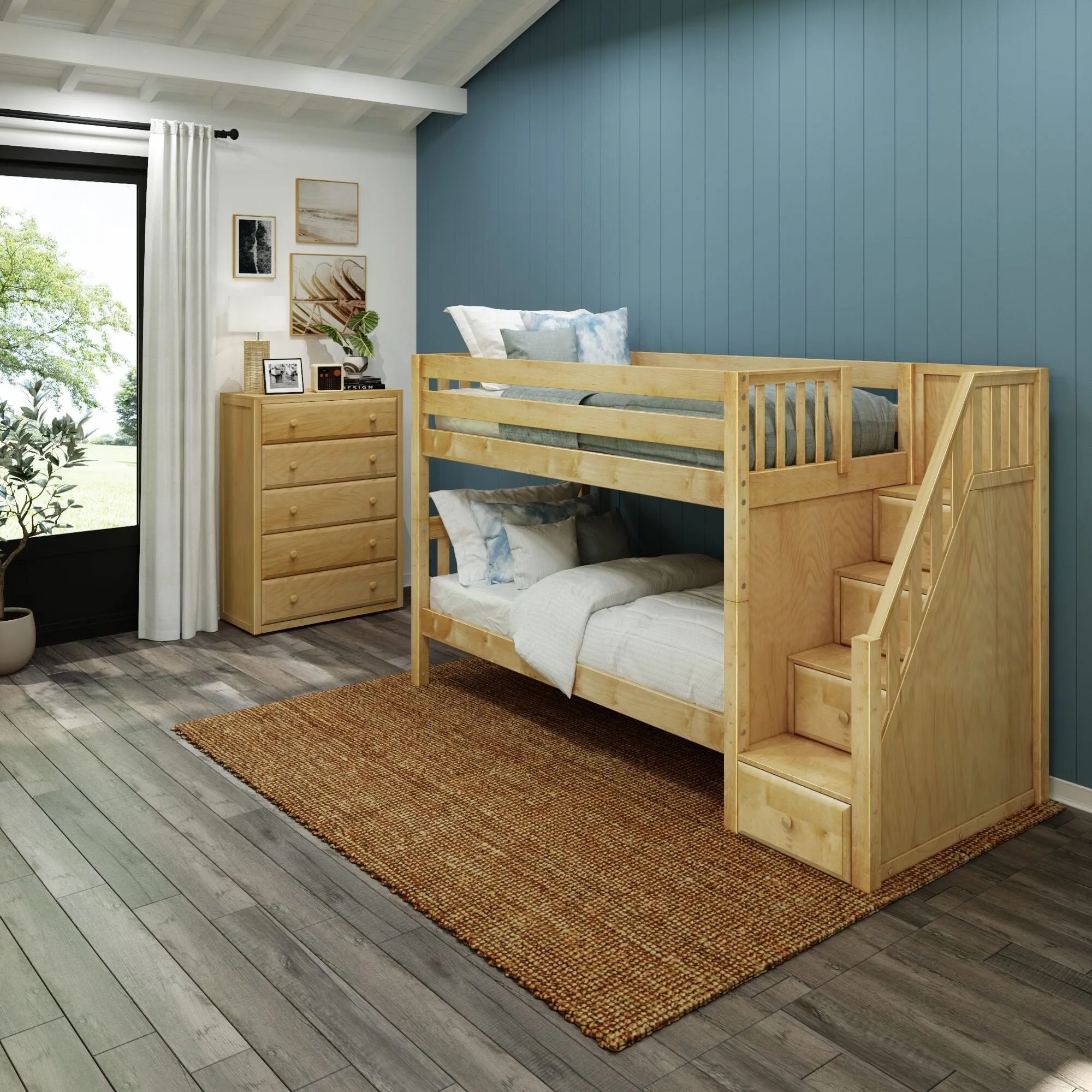 Twin Low Bunk Bed with Stairs