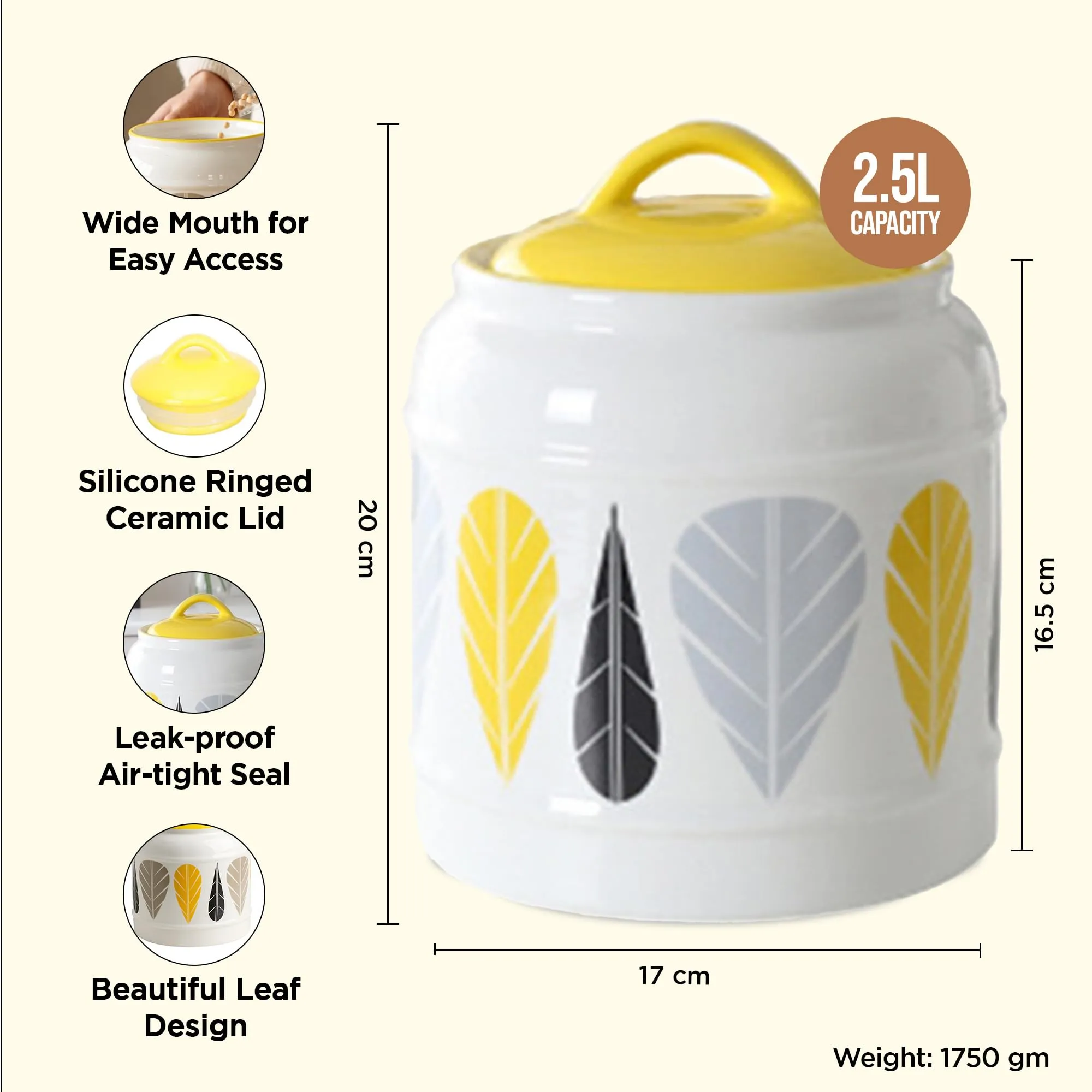 UMAI Ceramic Jar | 2.5 Litre Capacity | Printed Leaf Design | Multipurpose Kitchen Storage Jar for Kitchen Storage with Lid |