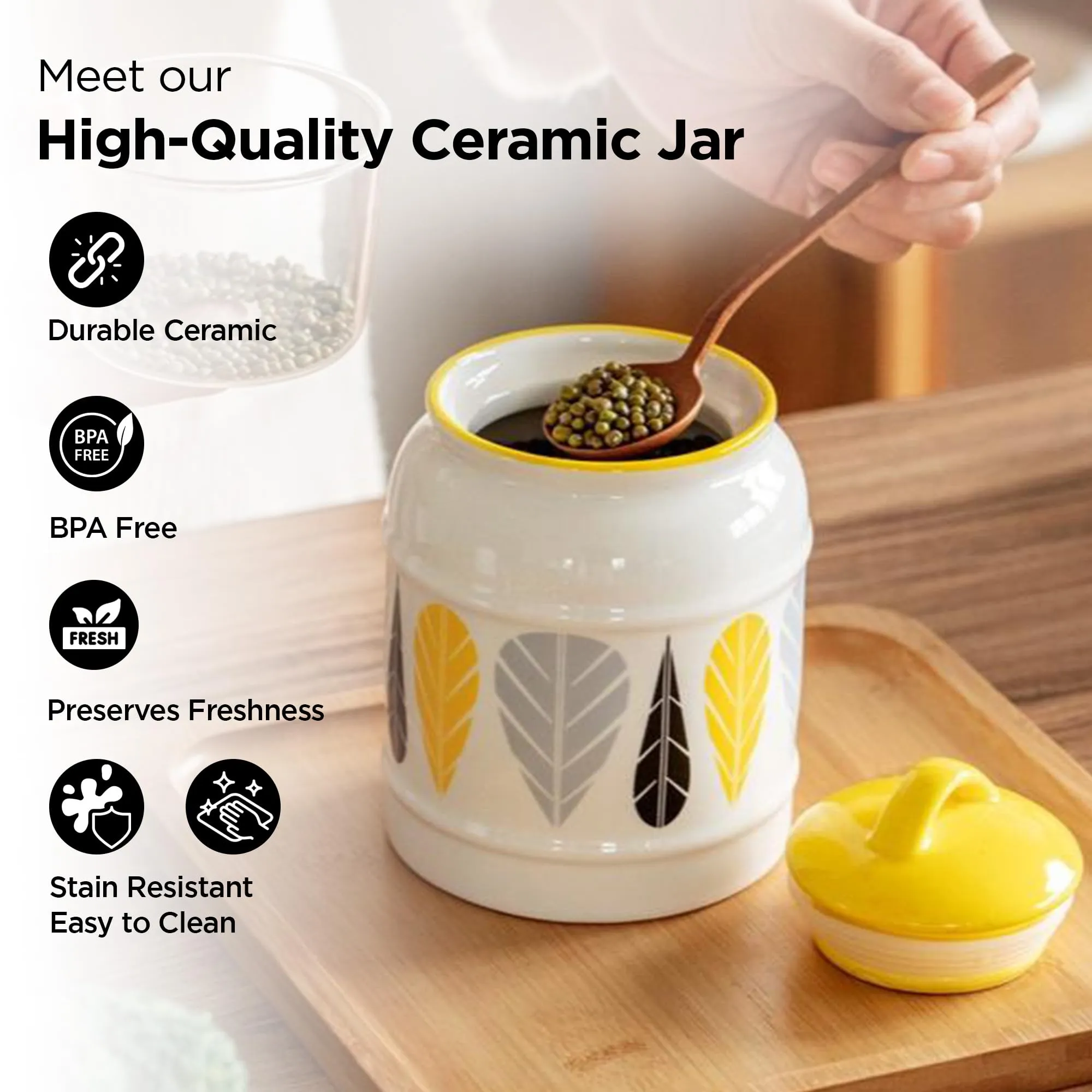 UMAI Ceramic Jar | 2.5 Litre Capacity | Printed Leaf Design | Multipurpose Kitchen Storage Jar for Kitchen Storage with Lid |