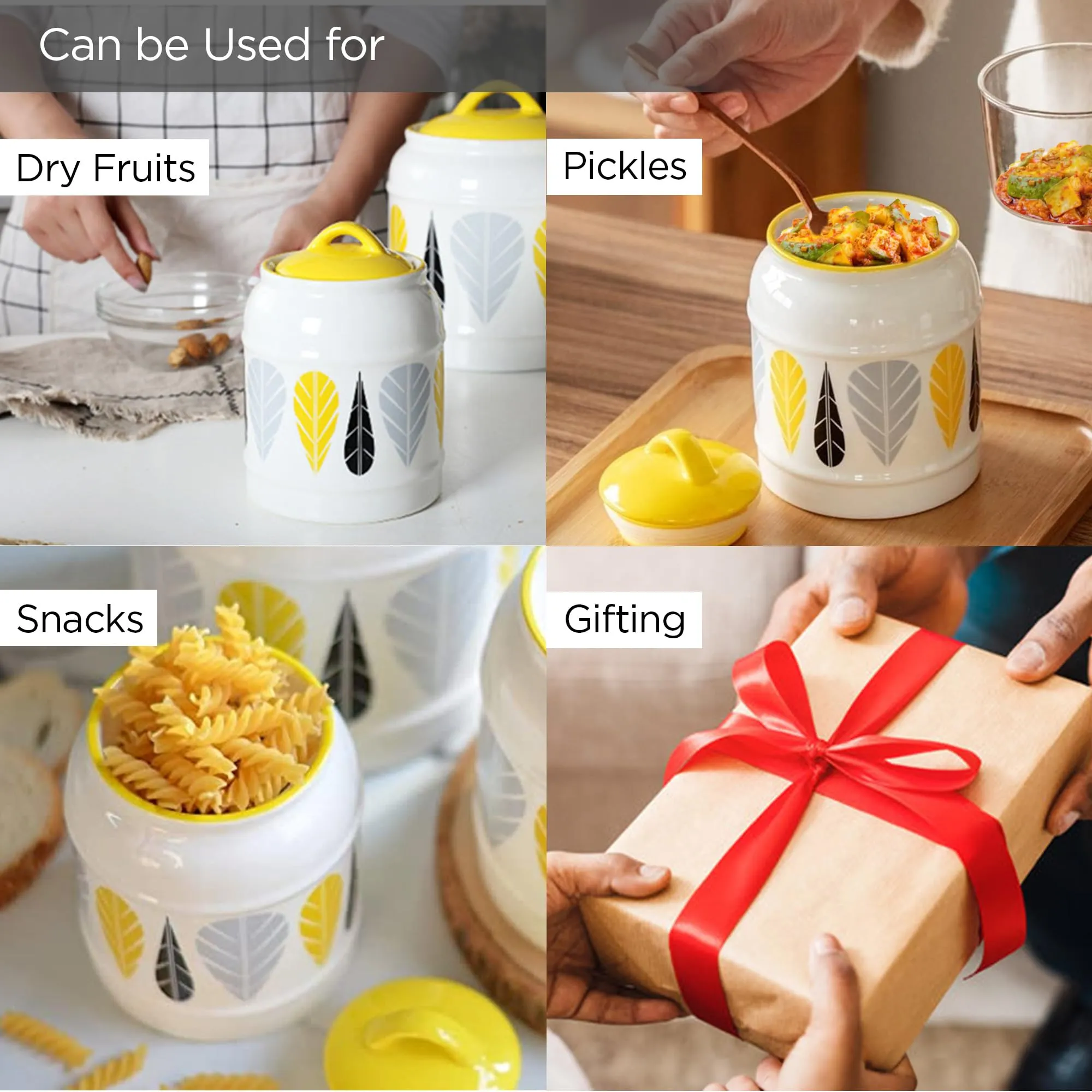 UMAI Ceramic Jars for Kitchen Storage | 2.5 Litre Each | Printed Leaf Design | Multipurpose Kitchen Storage containers for Pickles, Grains, Nuts, Dry Fruits, Spices | Pack of 2
